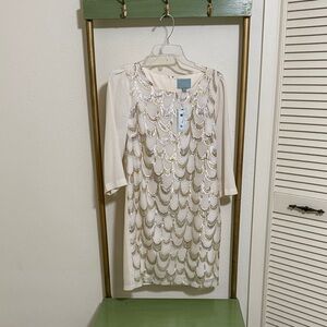 Skies Are Blue White and Gold 3/4 Sleeve Dress